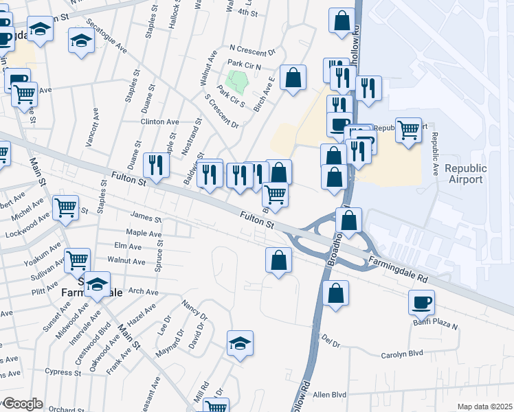 map of restaurants, bars, coffee shops, grocery stores, and more near in South Farmingdale
