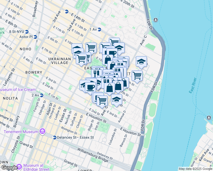 map of restaurants, bars, coffee shops, grocery stores, and more near 200 East 7th Street in New York