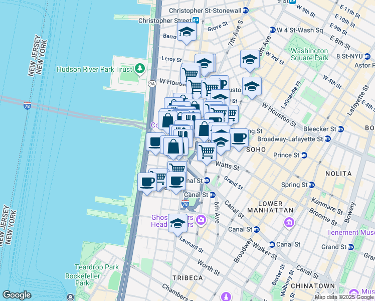 map of restaurants, bars, coffee shops, grocery stores, and more near 245 Hudson Street in New York