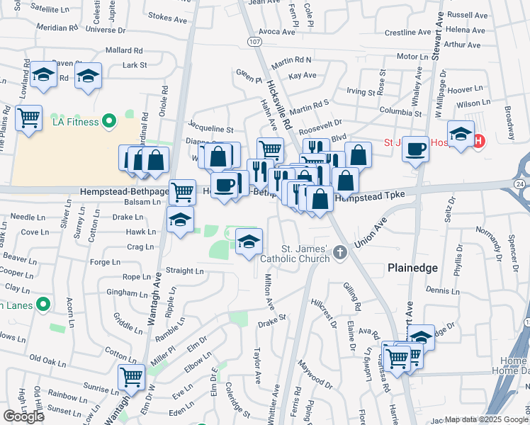 map of restaurants, bars, coffee shops, grocery stores, and more near 34 Longfellow Avenue in Levittown