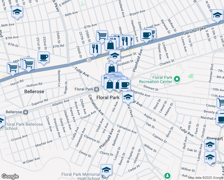 map of restaurants, bars, coffee shops, grocery stores, and more near 133 Tulip Avenue in Floral Park