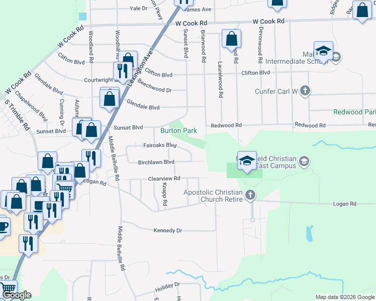 map of restaurants, bars, coffee shops, grocery stores, and more near 442 Fairoaks Boulevard in Mansfield