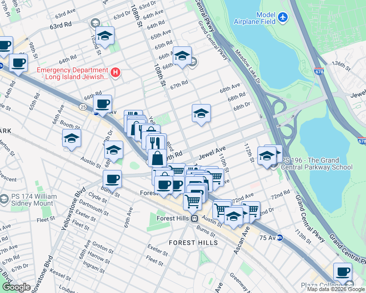 map of restaurants, bars, coffee shops, grocery stores, and more near 108-2 69th Avenue in Queens