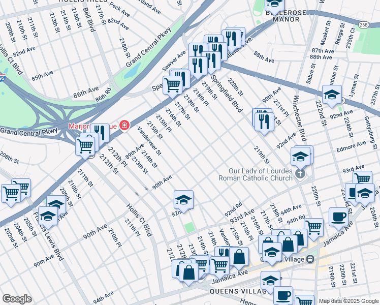 map of restaurants, bars, coffee shops, grocery stores, and more near 89-82 216th Street in Queens