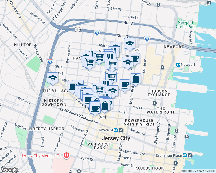 map of restaurants, bars, coffee shops, grocery stores, and more near 246 5th Street in Jersey City