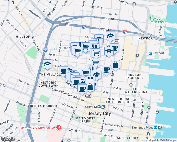 map of restaurants, bars, coffee shops, grocery stores, and more near 246 5th Street in Jersey City
