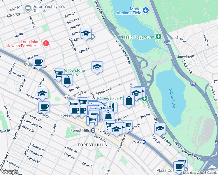 map of restaurants, bars, coffee shops, grocery stores, and more near 110-24 69th Road in Queens
