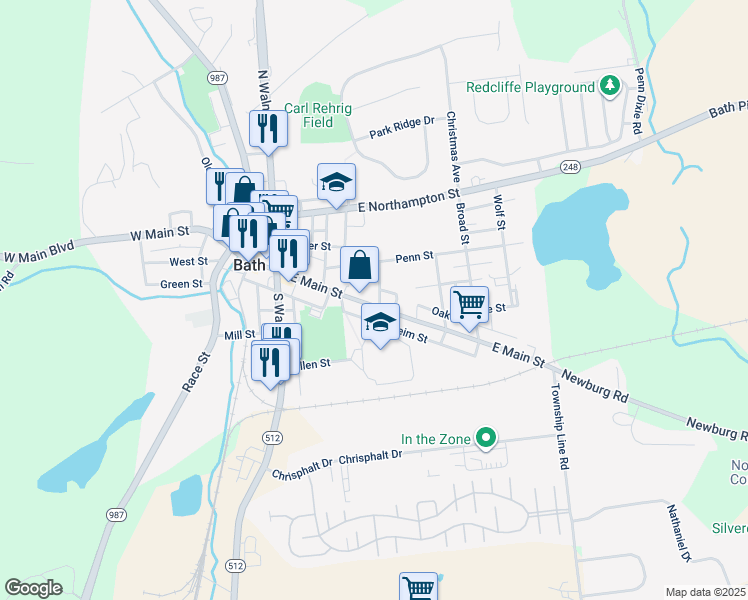 map of restaurants, bars, coffee shops, grocery stores, and more near 265 East Main Street in Bath
