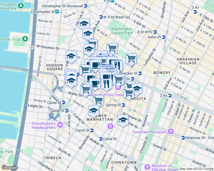 map of restaurants, bars, coffee shops, grocery stores, and more near 110 Greene Street in New York