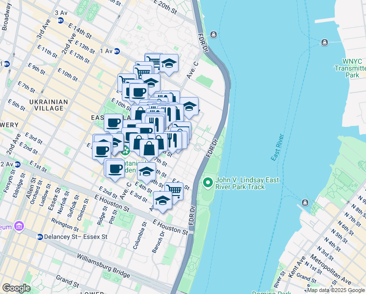 map of restaurants, bars, coffee shops, grocery stores, and more near 133 Avenue D in New York