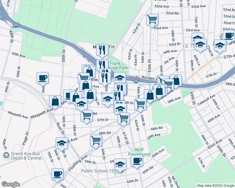 map of restaurants, bars, coffee shops, grocery stores, and more near 60-41 56th Road in Queens