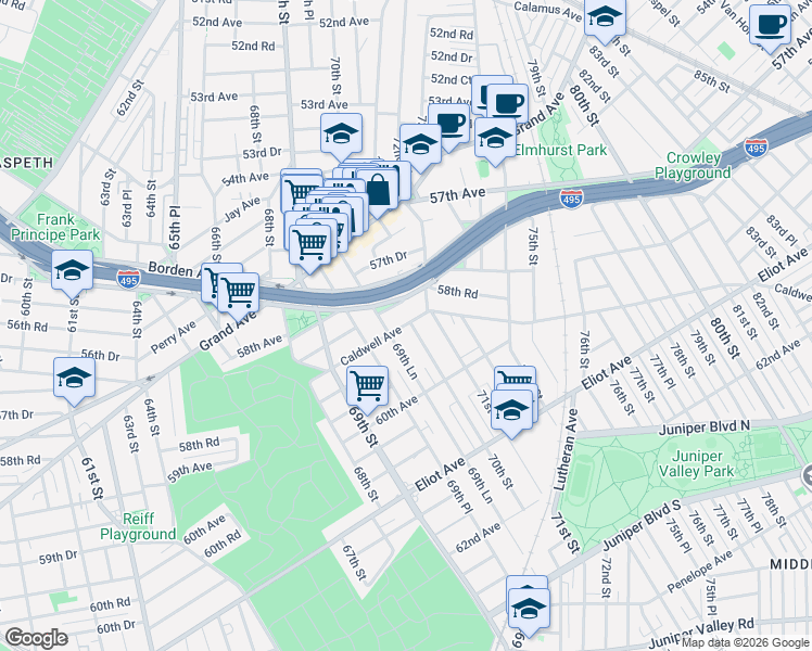 map of restaurants, bars, coffee shops, grocery stores, and more near 69-84 58th Road in Queens