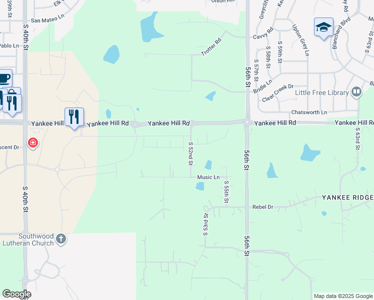 map of restaurants, bars, coffee shops, grocery stores, and more near 8501-8699 South 52nd Street in Lincoln