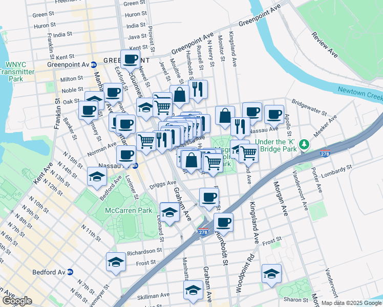 map of restaurants, bars, coffee shops, grocery stores, and more near 663 Humboldt Street in Brooklyn