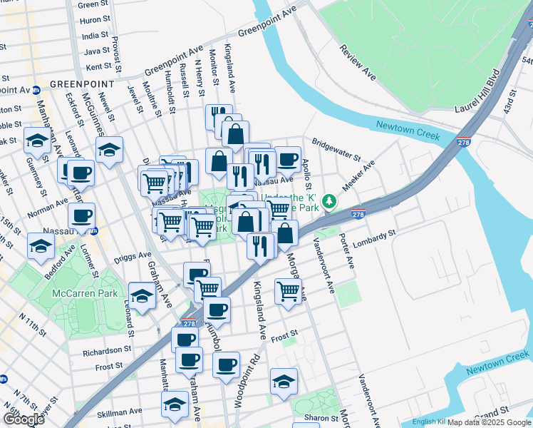 map of restaurants, bars, coffee shops, grocery stores, and more near 61 Sutton Street in Brooklyn