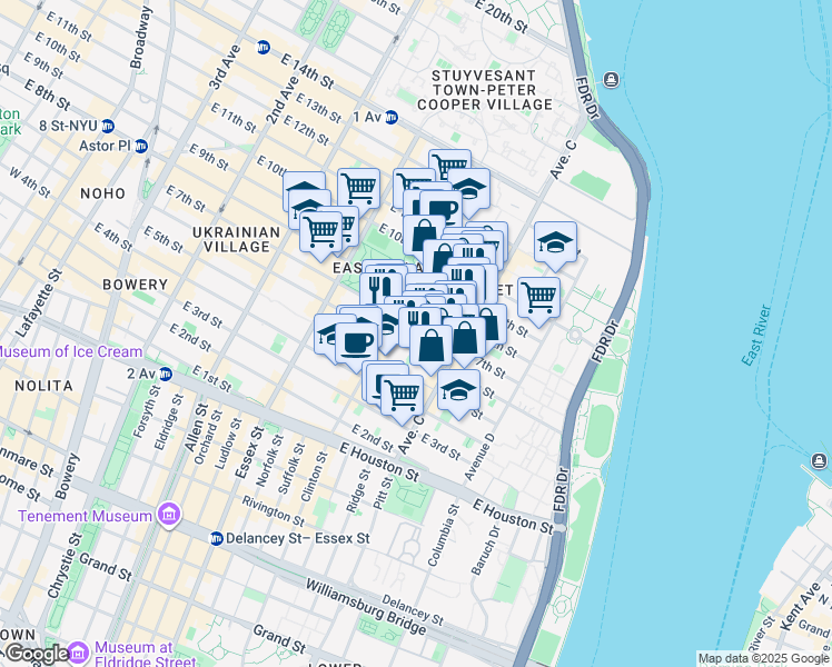 map of restaurants, bars, coffee shops, grocery stores, and more near 196 East 7th Street in New York