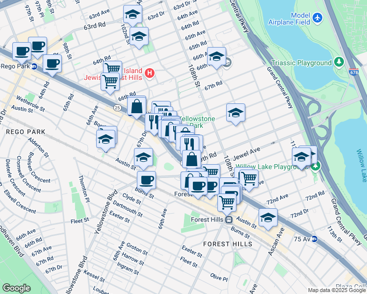 map of restaurants, bars, coffee shops, grocery stores, and more near 68-38 Yellowstone Boulevard in Queens