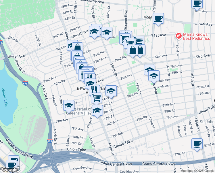 map of restaurants, bars, coffee shops, grocery stores, and more near 147-16 75th Avenue in Queens