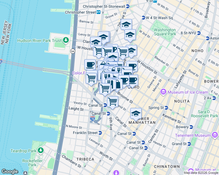 map of restaurants, bars, coffee shops, grocery stores, and more near 554 Broome Street in New York