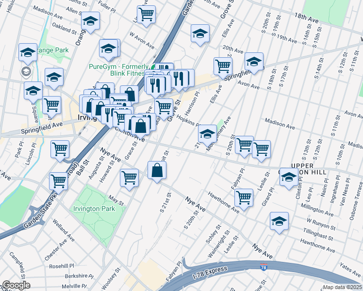 map of restaurants, bars, coffee shops, grocery stores, and more near 108 Harrison Place in Irvington