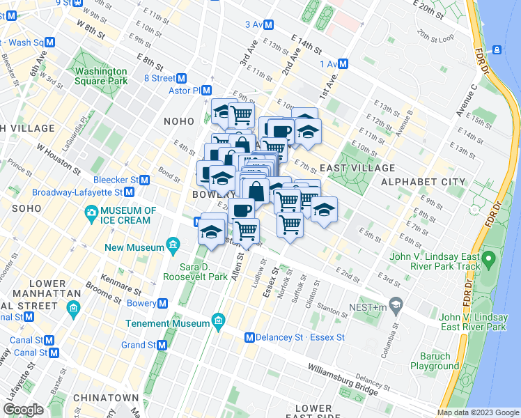 map of restaurants, bars, coffee shops, grocery stores, and more near 1st Ave & E 3rd St in New York