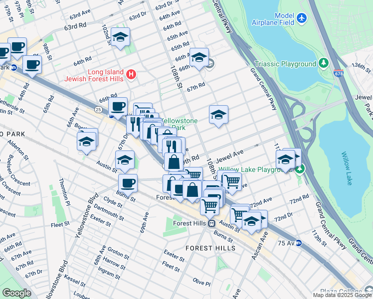map of restaurants, bars, coffee shops, grocery stores, and more near 69-10 Yellowstone Boulevard in Queens