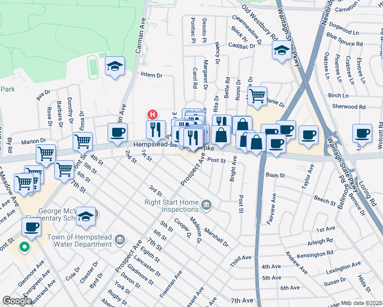 map of restaurants, bars, coffee shops, grocery stores, and more near 2282 Hempstead Turnpike in East Meadow