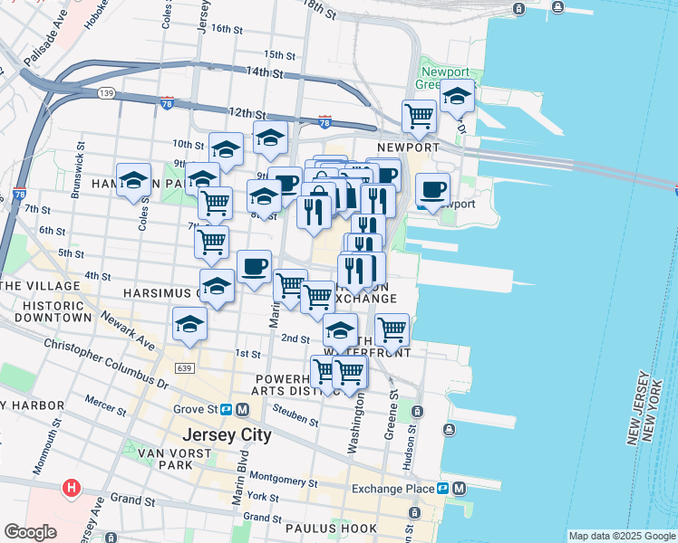 map of restaurants, bars, coffee shops, grocery stores, and more near 69 6th Street in Jersey City