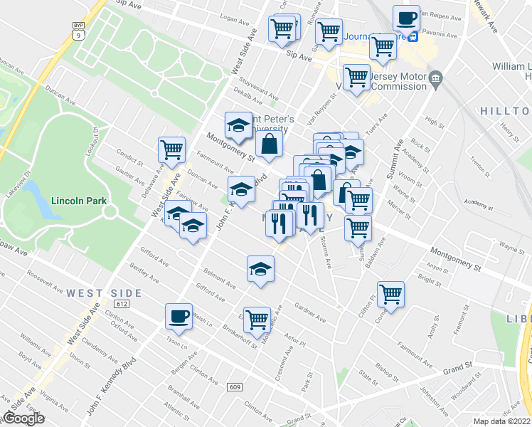 map of restaurants, bars, coffee shops, grocery stores, and more near 36 Duncan Ave in Jersey City