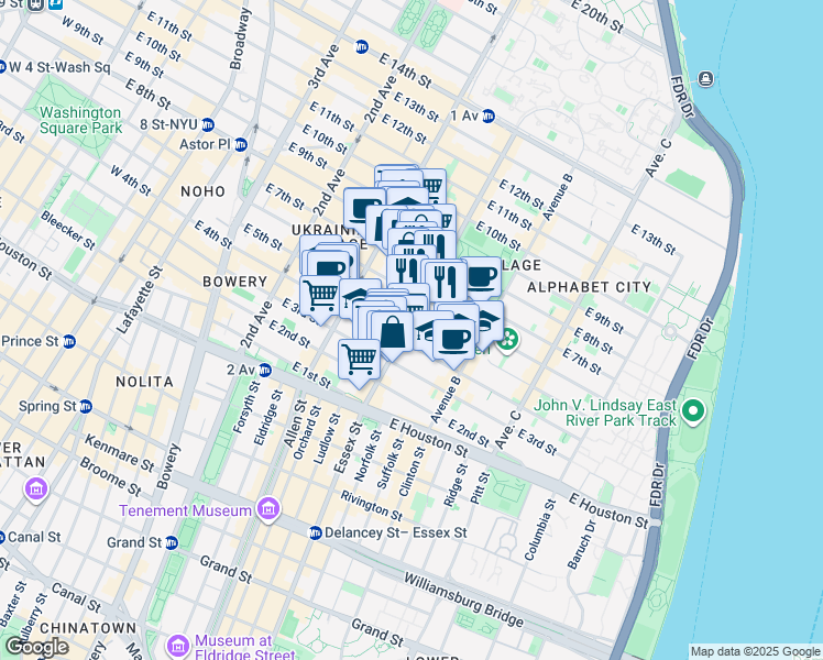 map of restaurants, bars, coffee shops, grocery stores, and more near 79 Avenue A in New York