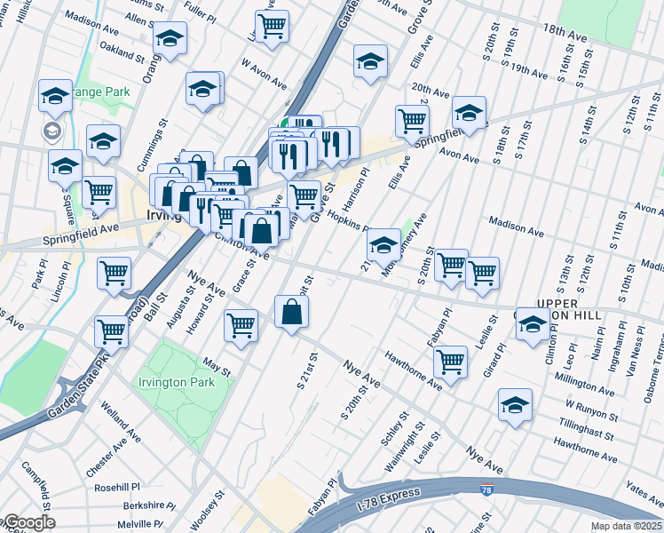 map of restaurants, bars, coffee shops, grocery stores, and more near 108 Harrison Place in Irvington