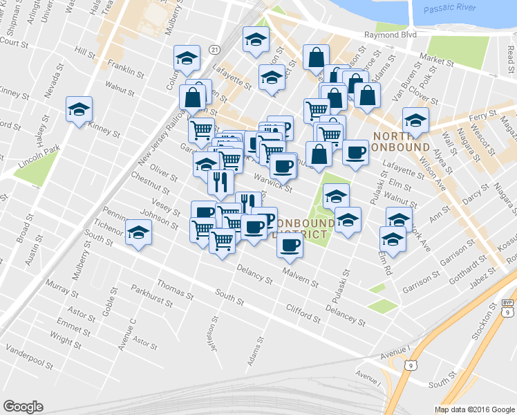 map of restaurants, bars, coffee shops, grocery stores, and more near Jefferson St & E Kinney St in Newark