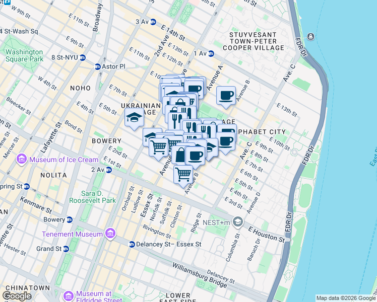 map of restaurants, bars, coffee shops, grocery stores, and more near 518 East 6th Street in New York