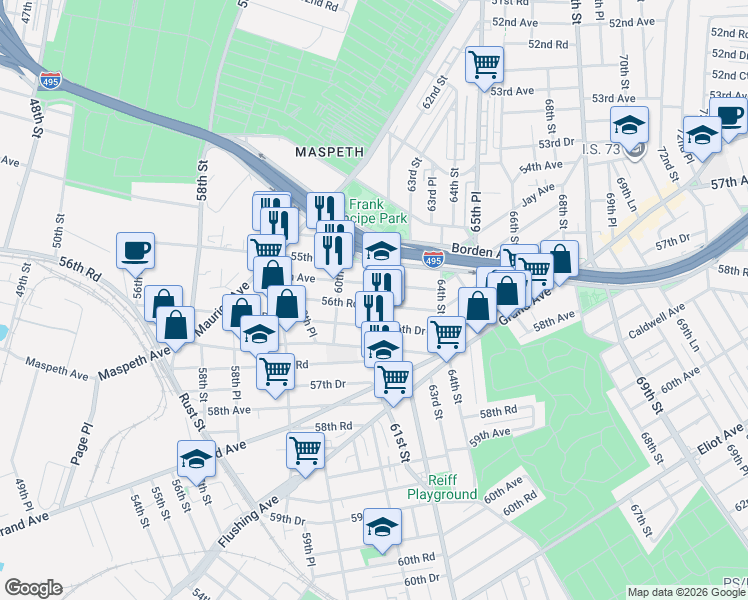 map of restaurants, bars, coffee shops, grocery stores, and more near 60-41 56th Road in Queens