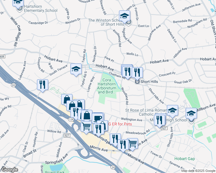 map of restaurants, bars, coffee shops, grocery stores, and more near 324 Forest Drive South in Millburn