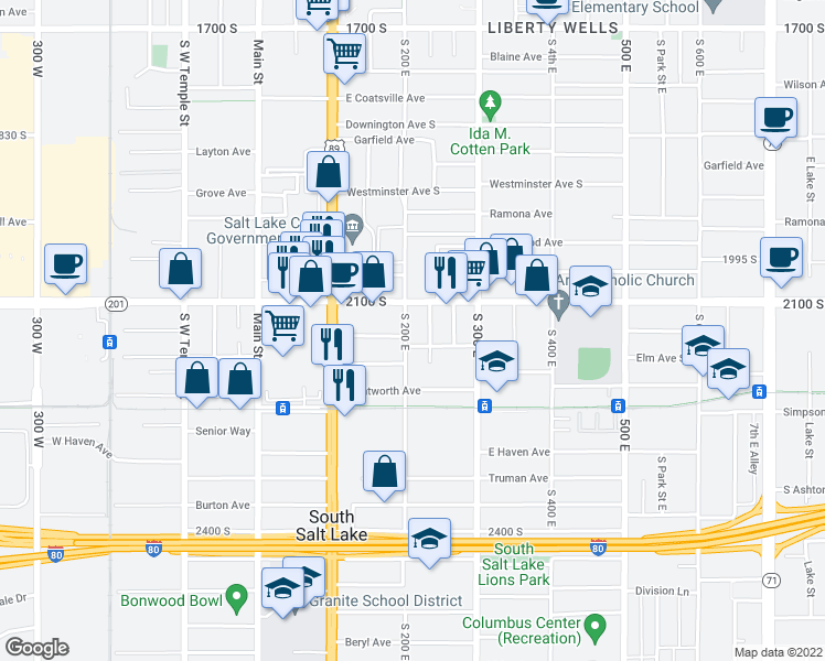 map of restaurants, bars, coffee shops, grocery stores, and more near 2135 South 200 East in South Salt Lake