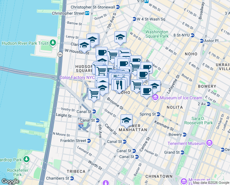 map of restaurants, bars, coffee shops, grocery stores, and more near 73 Thompson Street in New York