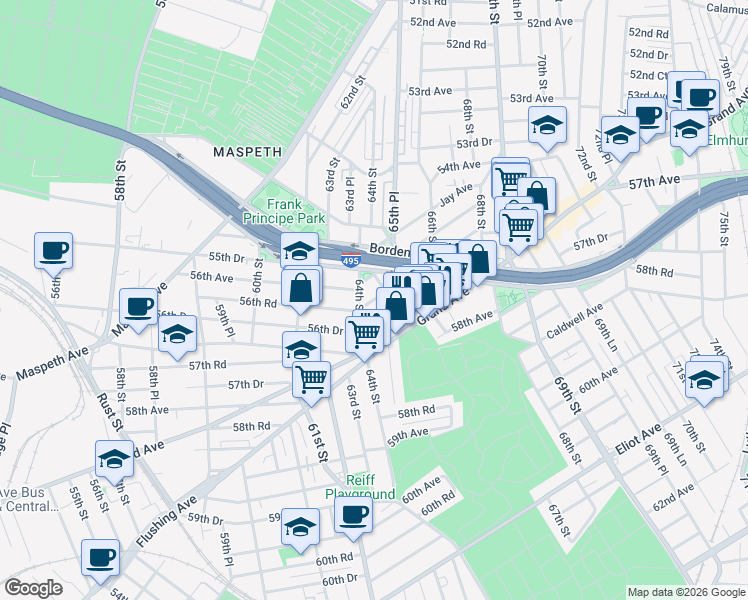map of restaurants, bars, coffee shops, grocery stores, and more near 56-17 Remsen Place in Queens