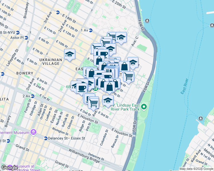 map of restaurants, bars, coffee shops, grocery stores, and more near 107-109 Avenue C in New York