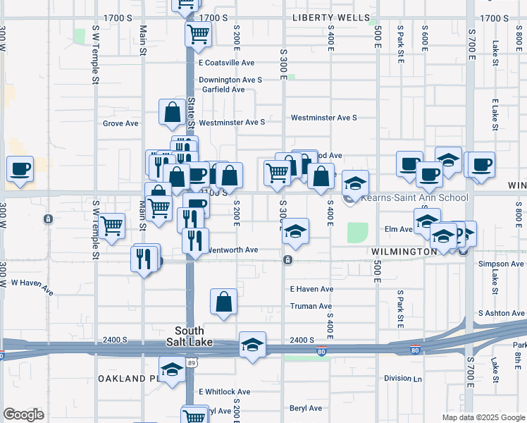 map of restaurants, bars, coffee shops, grocery stores, and more near 2123 South Roberta Street in South Salt Lake