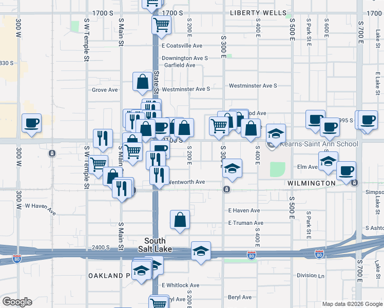 map of restaurants, bars, coffee shops, grocery stores, and more near 204 East 2100 South in South Salt Lake