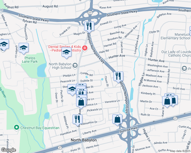map of restaurants, bars, coffee shops, grocery stores, and more near 124 Glen Road in North Babylon