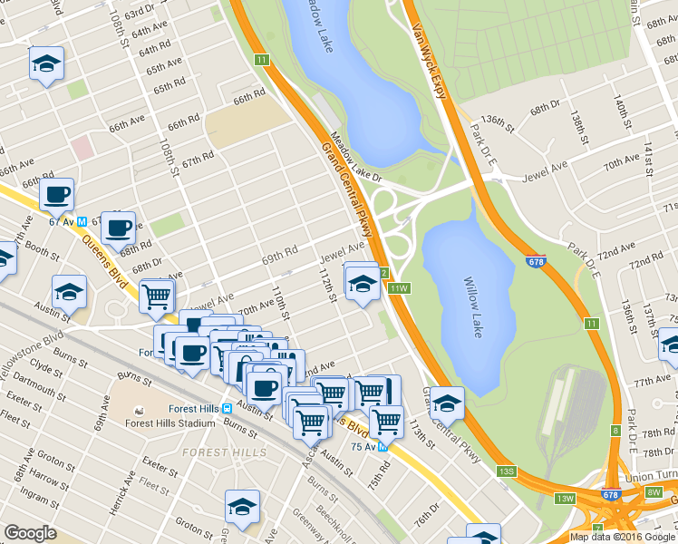map of restaurants, bars, coffee shops, grocery stores, and more near 69-65 113th Street in Queens