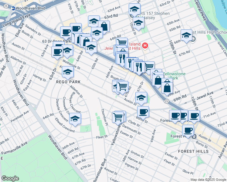 map of restaurants, bars, coffee shops, grocery stores, and more near 98-27 67th Avenue in Queens
