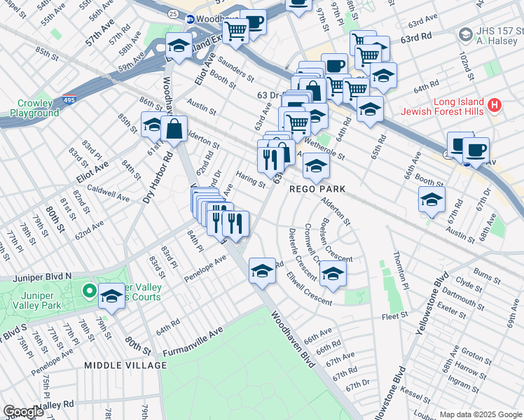 map of restaurants, bars, coffee shops, grocery stores, and more near 63-41 Bourton Street in Queens