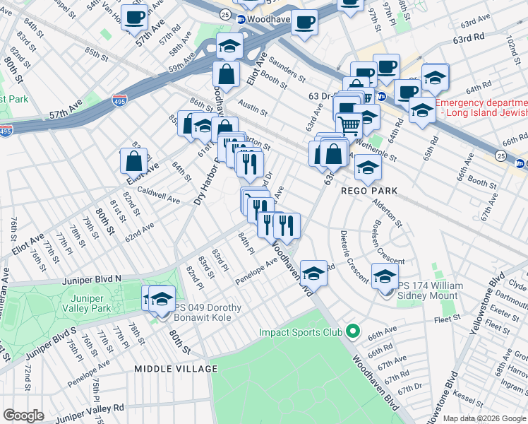 map of restaurants, bars, coffee shops, grocery stores, and more near in Queens