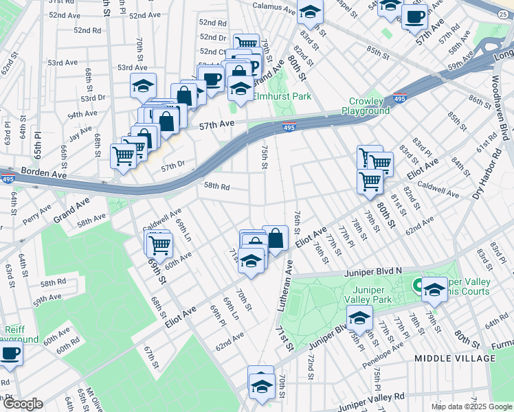 map of restaurants, bars, coffee shops, grocery stores, and more near 58-39 74th Street in Queens