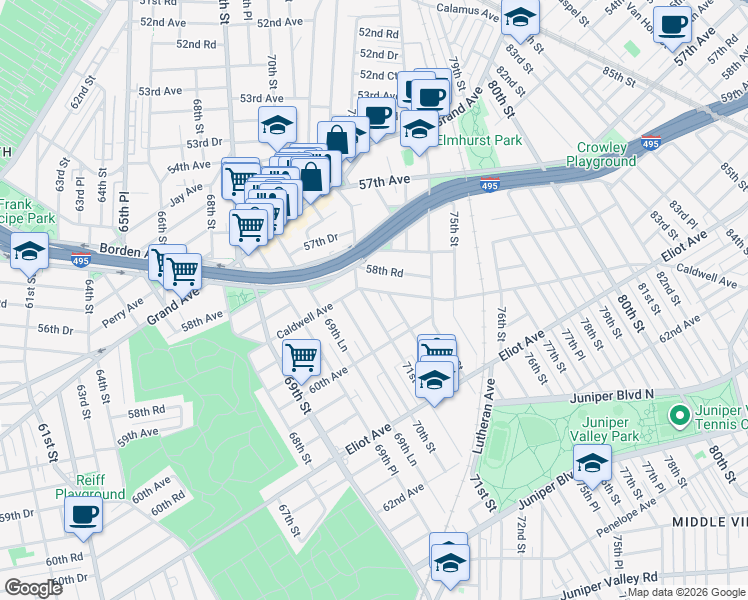 map of restaurants, bars, coffee shops, grocery stores, and more near 58-41 Mazeau Street in Queens