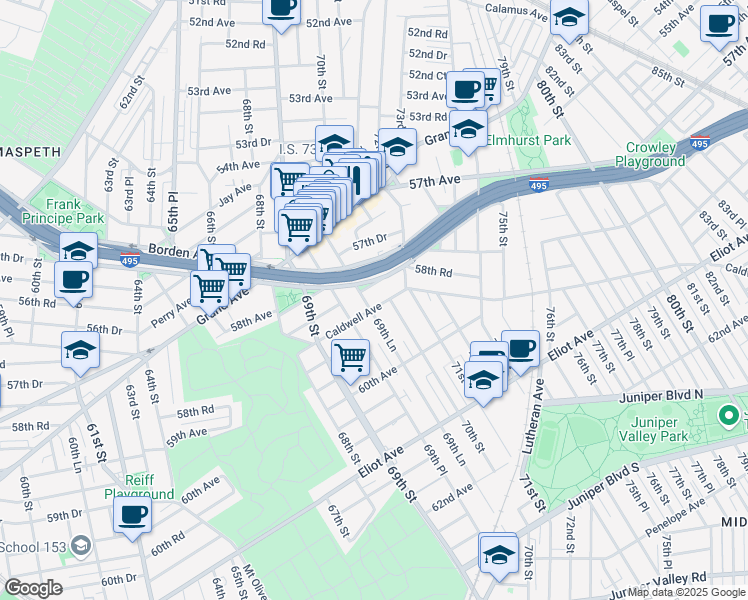 map of restaurants, bars, coffee shops, grocery stores, and more near 69-84 58th Road in Queens