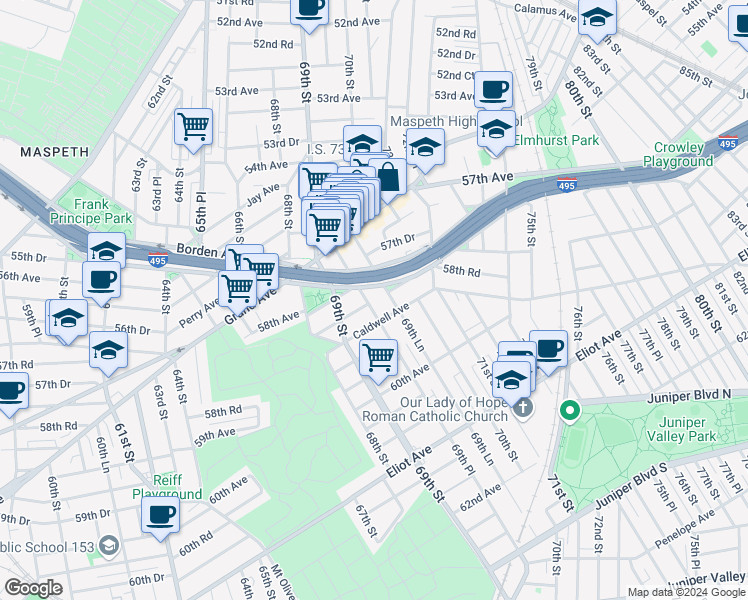 map of restaurants, bars, coffee shops, grocery stores, and more near 58-09 69th Place in Queens